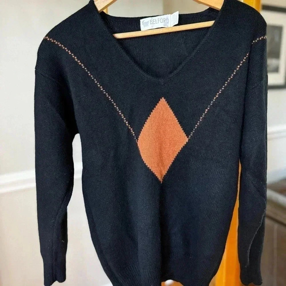 Belford Sweaters - Vintage Belford Cashmere Black Brown Argyle V Neck  Sweater. Women's Size Small